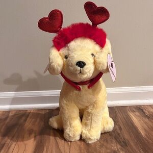 NWT - FAO Schwarz Yellow Plush Dog with Red Heart Headband
